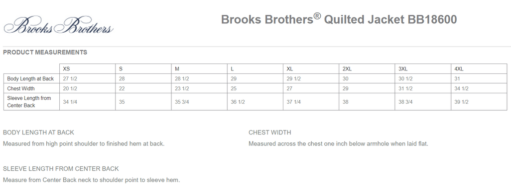 Size chart for a BB18600 Brooks Brothers® Quilted Jacket