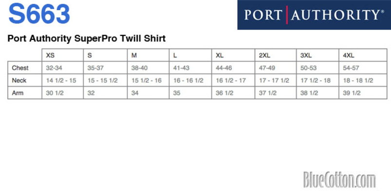 Size chart for a S663 Port Authority SuperPro Twill Shirt