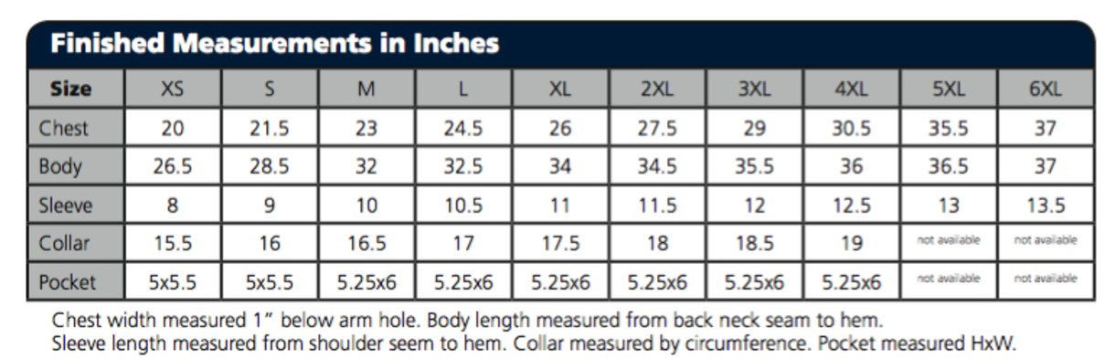 Size chart for a S508 Port Authority Short Sleeve Easy Care Shirt
