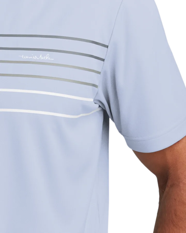 Closeup of a TM1MY400 TravisMathew Coto Performance Chest Stripe Polo