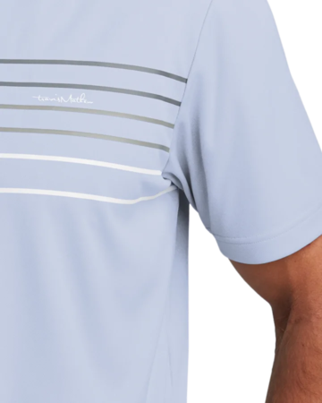 Closeup of a TM1MY400 TravisMathew Coto Performance Chest Stripe Polo