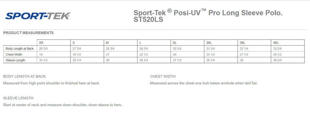 Size chart for a ST520LS Sport-Tek Posi-UV Pro Long Sleeve Polo