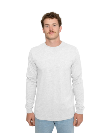 Model wearing a 3501CVC Bella + Canvas Unisex Heather CVC Long Sleeve Tee