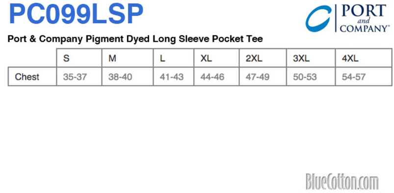 Size chart for a PC099LSP Port & Company Pigment Dyed Long Sleeve Pocket Tee