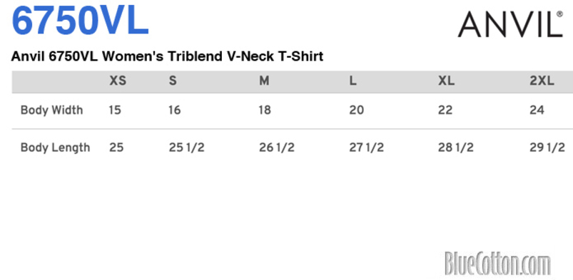 Size chart for a Anvil 6750VL Women's Triblend V-Neck T-Shirt