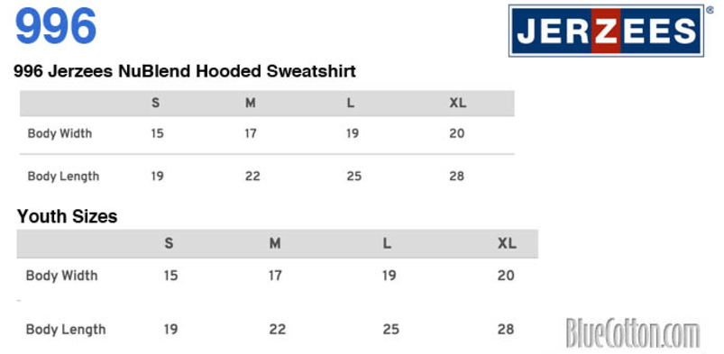 Size chart for a 996M Jerzees NuBlend Hooded Sweatshirt