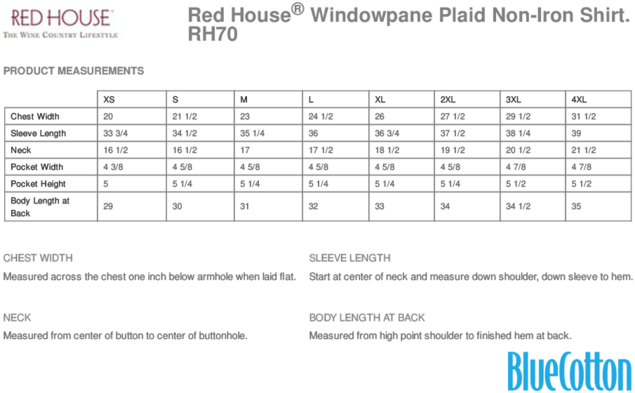 Size chart for a RH70 Red House Windowpane Plaid Non-Iron Shirt