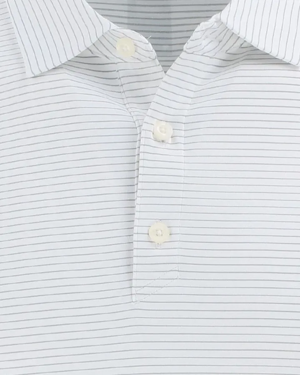 Closeup of a MCK01346 Cutter & Buck Forge Eco Fine Line Stripe Stretch Recycled Mens Polo