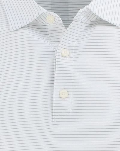 Closeup of a MCK01346 Cutter & Buck Forge Eco Fine Line Stripe Stretch Recycled Mens Polo
