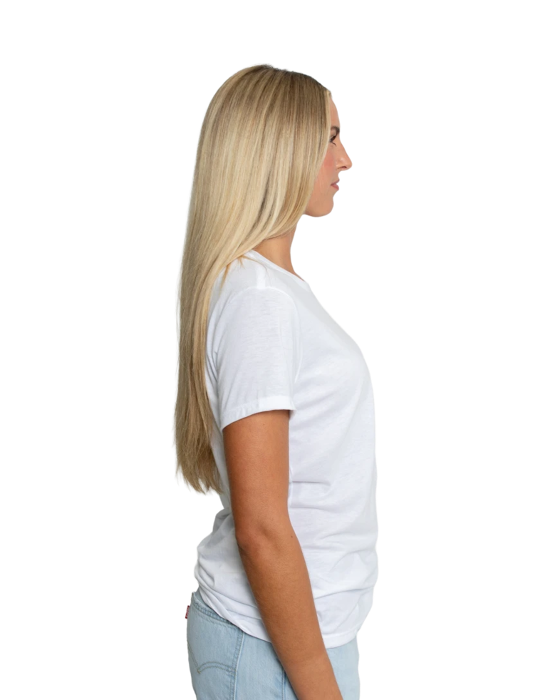 Image of a model wearing a DM130L District Ladies Perfect Tri-Blend Crew Tee