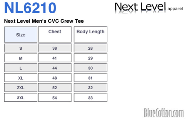 Size chart for a NL6210 Next Level Unisex CVC Crew Tee