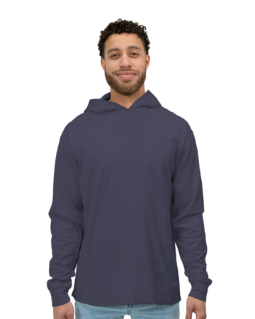 Model wearing a GDH280 ComfortWash by Hanes Garment-Dyed Jersey Hooded Long Sleeve T-Shirt