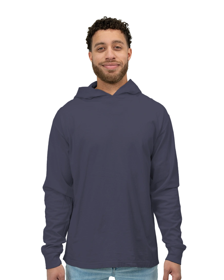 Image of a model wearing a GDH280 ComfortWash by Hanes Garment-Dyed Jersey Hooded Long Sleeve T-Shirt