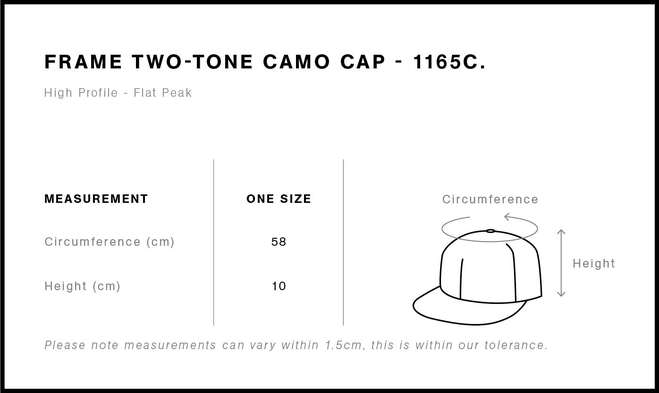 Size chart for a 1165C AS Colour Frame Two-Tone Camo Cap
