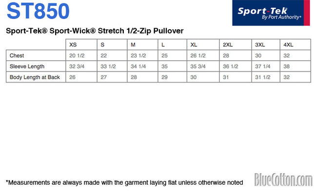Size chart for a ST850 Sport-Tek Sport-Wick Stretch 1/2-Zip Pullover