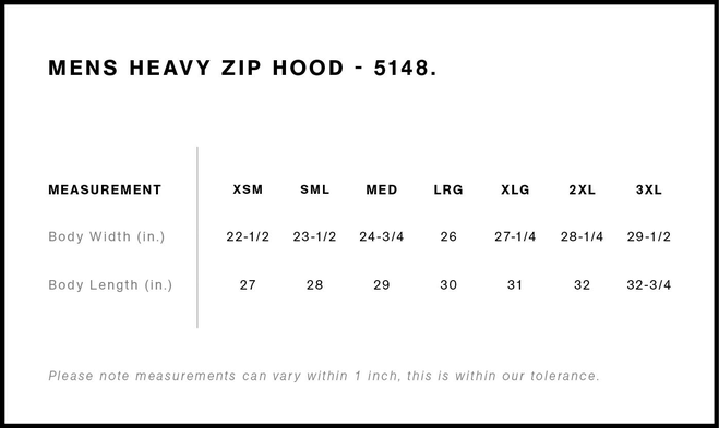 Size chart for a 5148 AS Colour Heavy Zip Hood