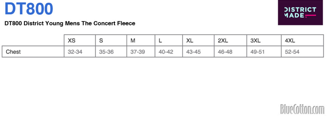 Size chart for a DT800 District Young Mens The Concert Fleece