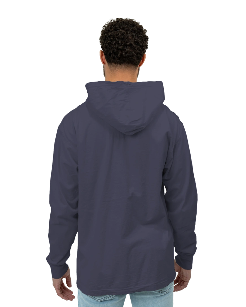 Image of a model wearing a GDH280 ComfortWash by Hanes Garment-Dyed Jersey Hooded Long Sleeve T-Shirt