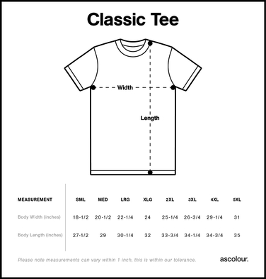 Size chart for a 5026 AS Colour Classic Tee