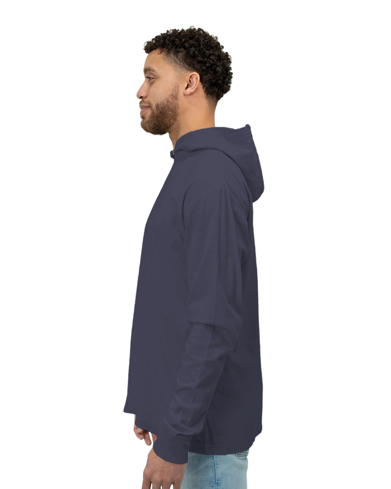 Image of a model wearing a GDH280 ComfortWash by Hanes Garment-Dyed Jersey Hooded Long Sleeve T-Shirt