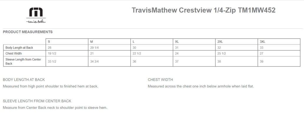 Size chart for a TM1MW452 TravisMathew Crestview 1/4-Zip