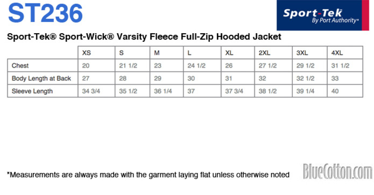 Size chart for a ST236 Sport-Tek Sport-Wick Varsity Fleece Full-Zip Hooded Jacket
