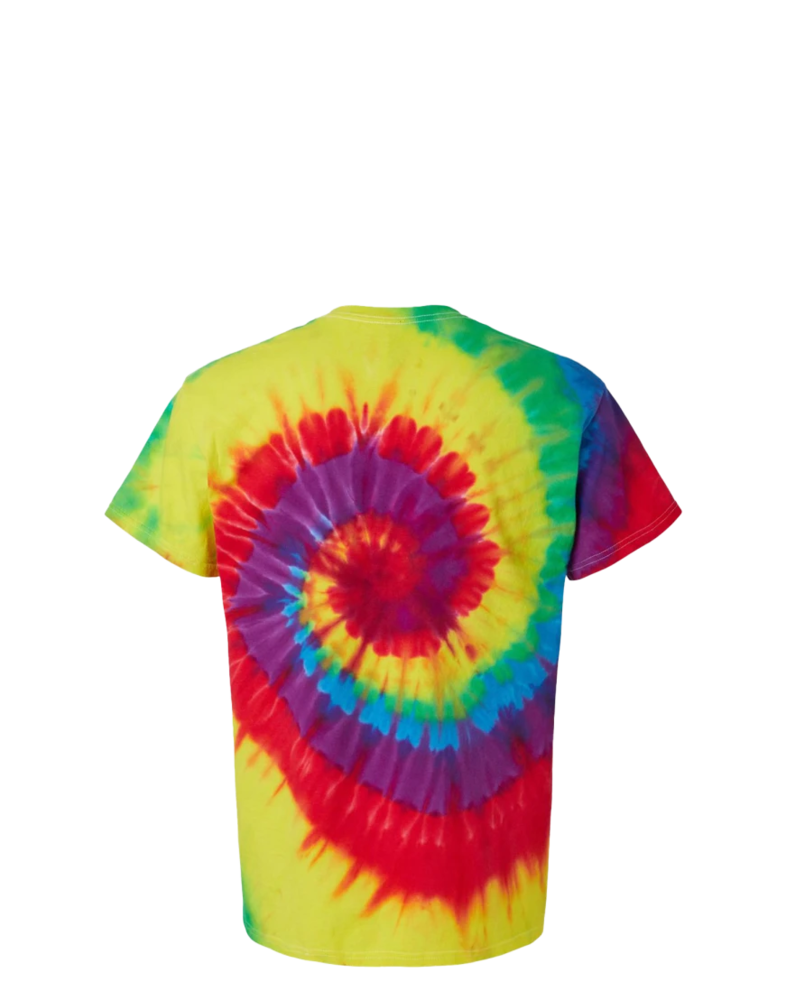 Image of a model wearing a 200MS Tie-Dyed Multi-Color Spiral Tee