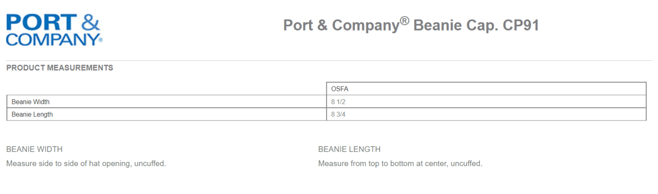 Size chart for a CP91 Port & Company Beanie Cap