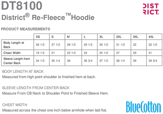 Size chart for a DT8100 District Re-Fleece Hoodie
