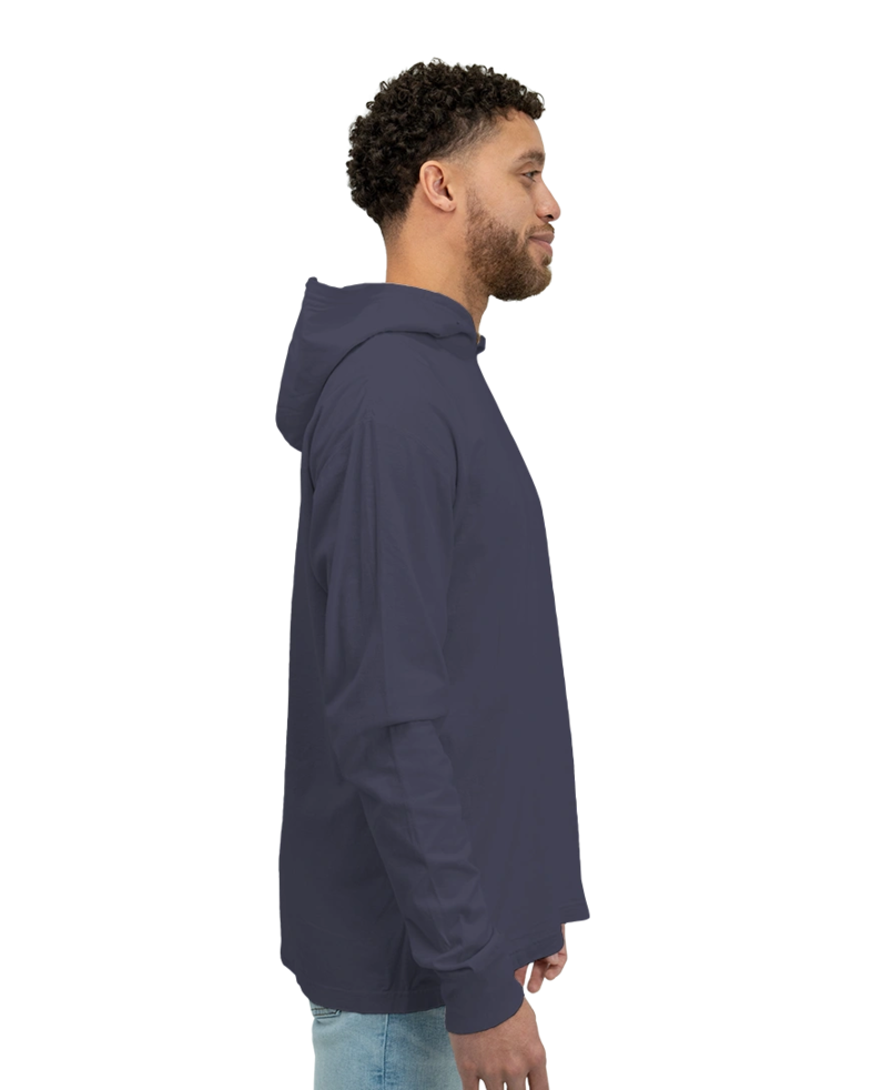 Image of a model wearing a GDH280 ComfortWash by Hanes Garment-Dyed Jersey Hooded Long Sleeve T-Shirt