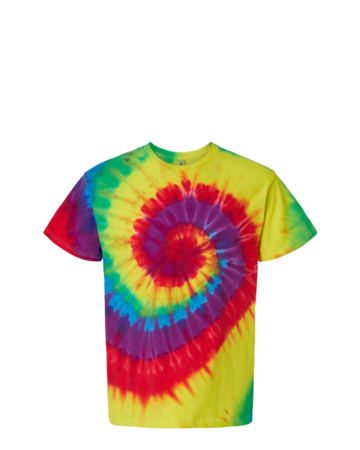Model wearing a 200MS Tie-Dyed Multi-Color Spiral Tee