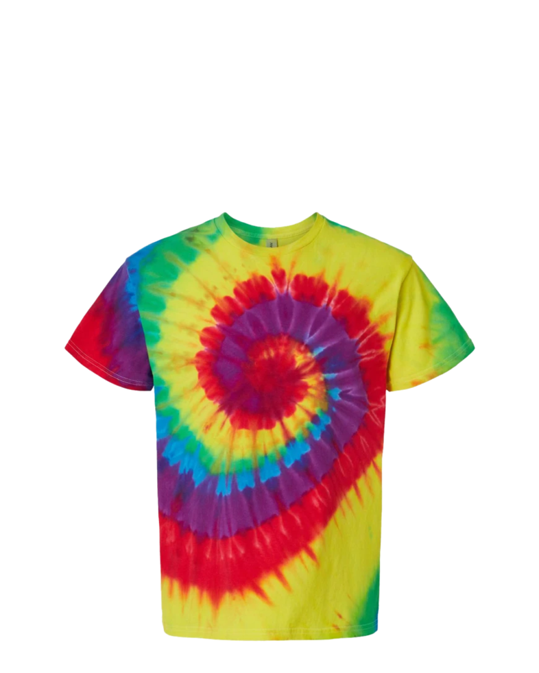 Image of a model wearing a 200MS Tie-Dyed Multi-Color Spiral Tee