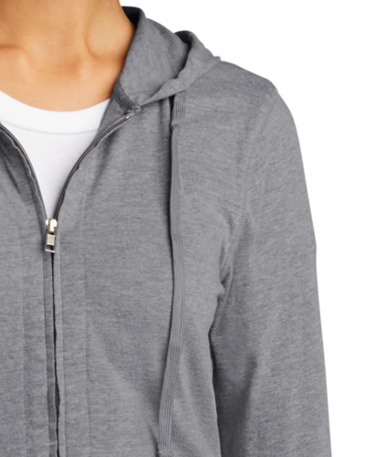 Closeup of a DT2100 District Juniors Jersey Full-Zip T-shirt Hoodie