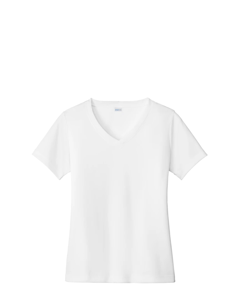 Image of a model wearing a LST353 Sport-Tek Ladies Vneck short sleeve PosiCharge Competitor