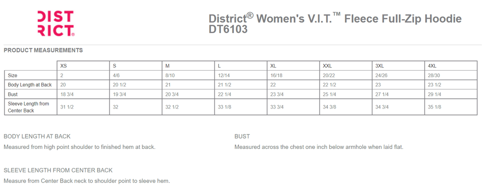 Size chart for a DT6103 District® Women’s V.I.T.™ Fleece Full-Zip Hoodie