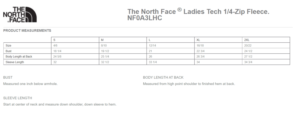 Size chart for a NF0A3LHC The North Face Ladies Tech 1/4-Zip Fleece