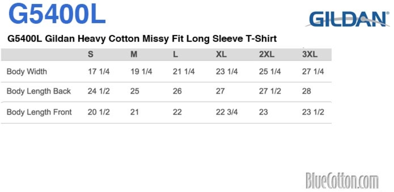 Size chart for a G5400L Gildan Heavy Cotton Missy Fit Long Sleeve T-Shirt