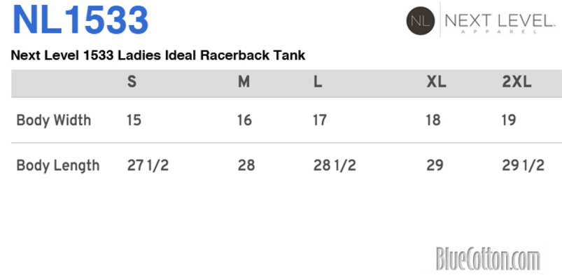 Size chart for a Next Level 1533 Ladies Ideal Racerback Tank