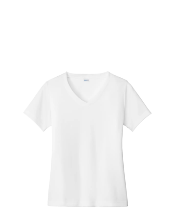Model wearing a LST353 Sport-Tek Ladies Vneck short sleeve PosiCharge Competitor