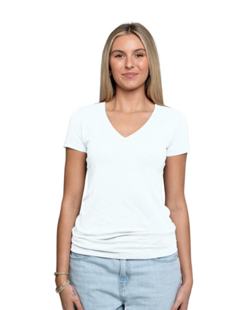 Model wearing a Next Level 1540 Ladies Ideal V-Neck T-Shirt