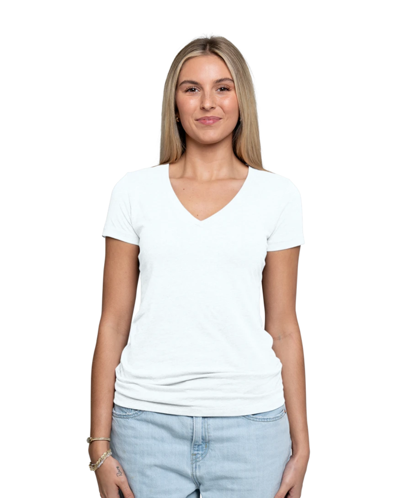 Image of a model wearing a Next Level 1540 Ladies Ideal V-Neck T-Shirt