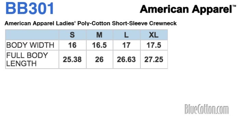 Size chart for a BB301 American Apparel Ladies' Poly-Cotton Short-Sleeve Crewneck