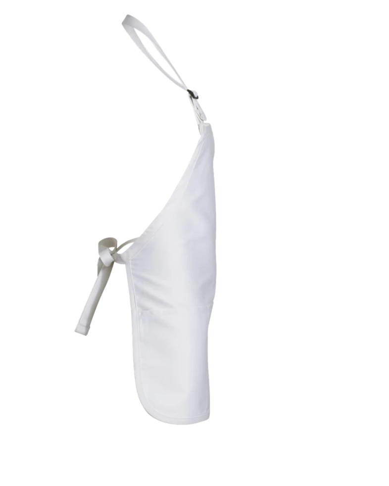Image of a model wearing a Q4250 Q-Tees Medium-Length Apron with Pouch Pocket