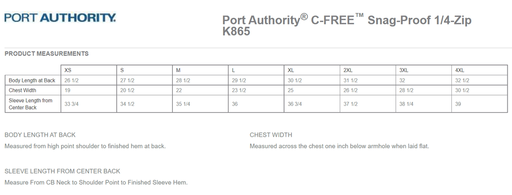 Size chart for a K865 Port Authority® C-FREE™ Snag-Proof 1/4-Zip