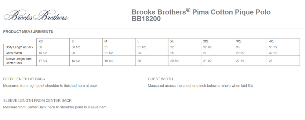 Size chart for a BB18200 Brooks Brothers® Pima Cotton Pique Polo