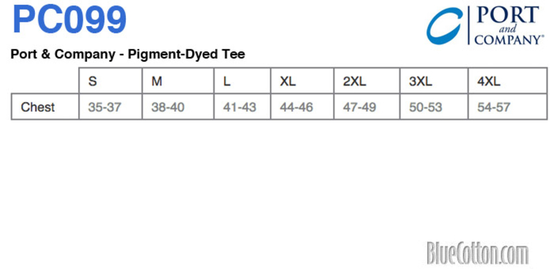 Size chart for a PC099 Port & Company Pigment-Dyed Tee