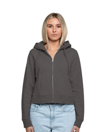 Model wearing a DT6103 District® Women’s V.I.T.™ Fleece Full-Zip Hoodie