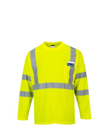 Model wearing a S191 Portwest Hi-Vis Long Sleeve Pocket T-Shirt