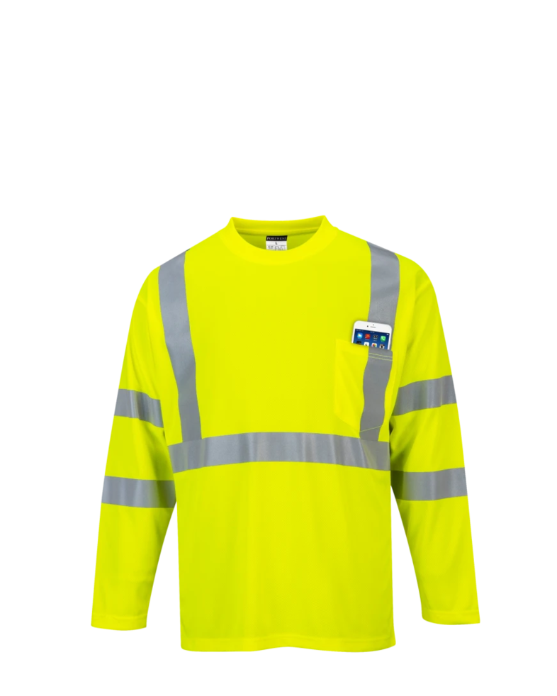 Image of a model wearing a S191 Portwest Hi-Vis Long Sleeve Pocket T-Shirt