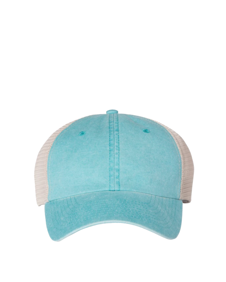 Image of a model wearing a SP510 Sportsman Pigment-Dyed Trucker Cap